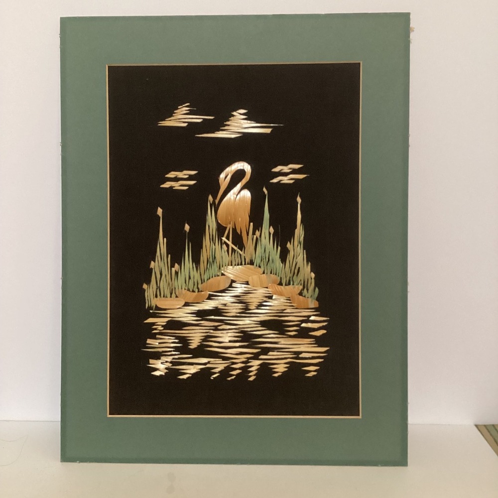 Vintage Flamingo Straw Art Handcrafted Mixed Media Tropical Marsh Black 11x14"